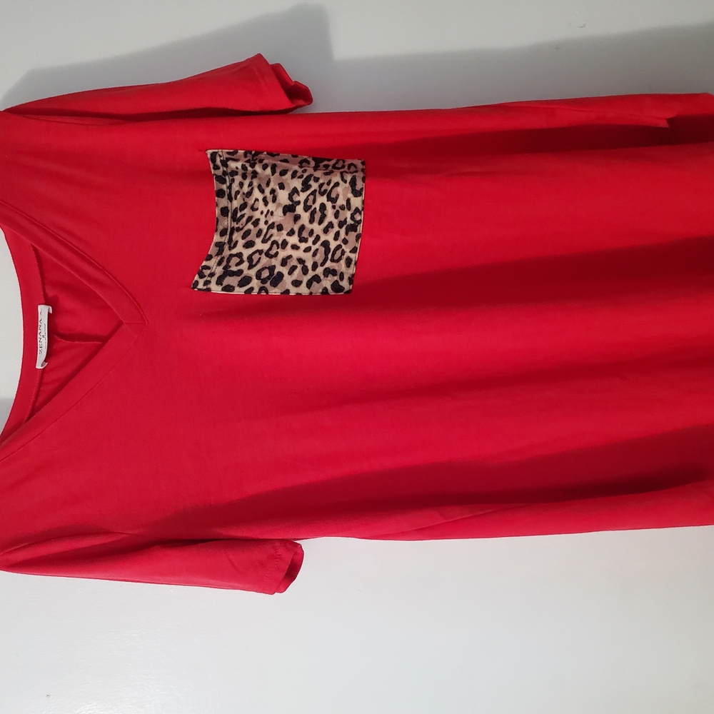 Red Dress with Leopard Print Pocket